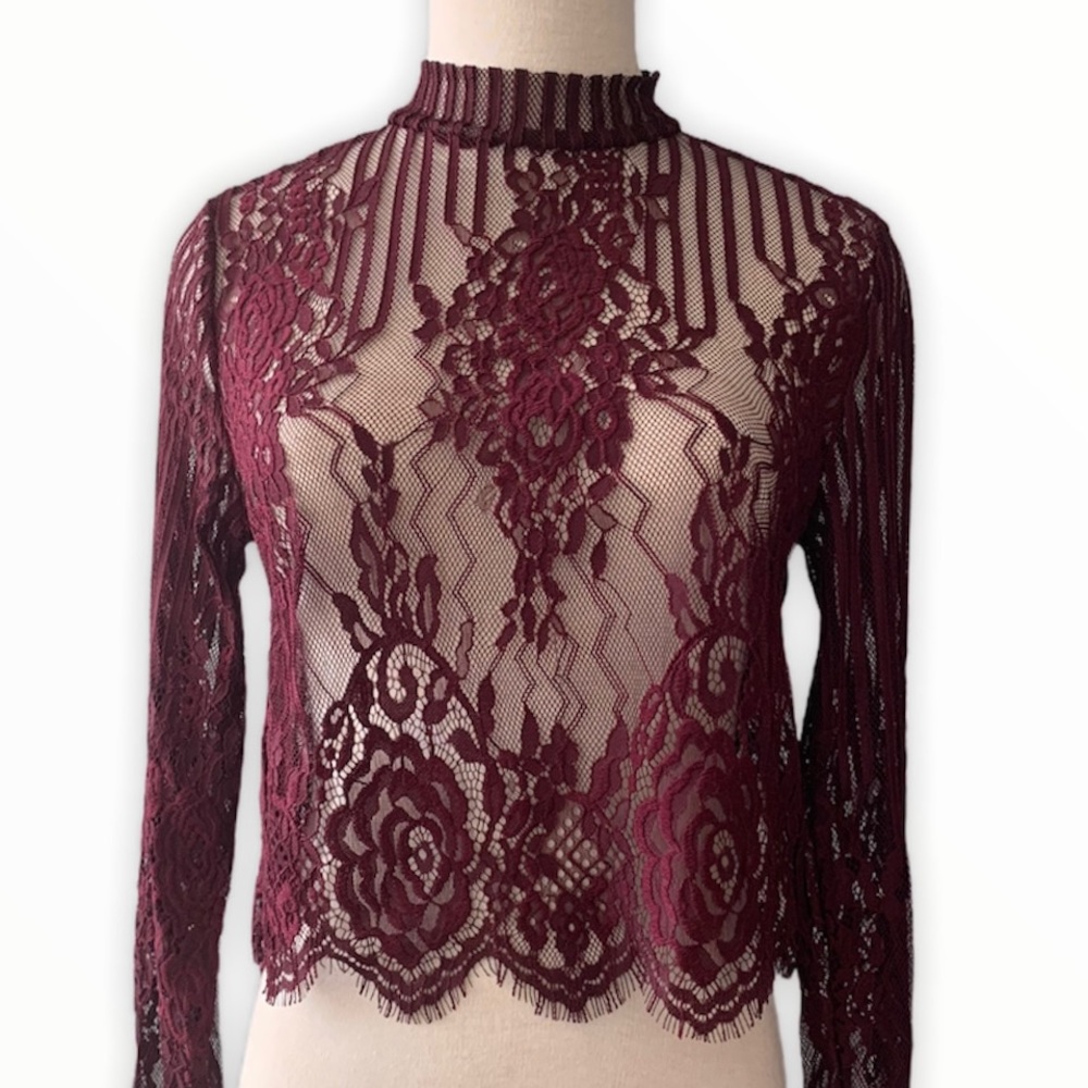 Burgundy Purple  Lace floral long sleeve top